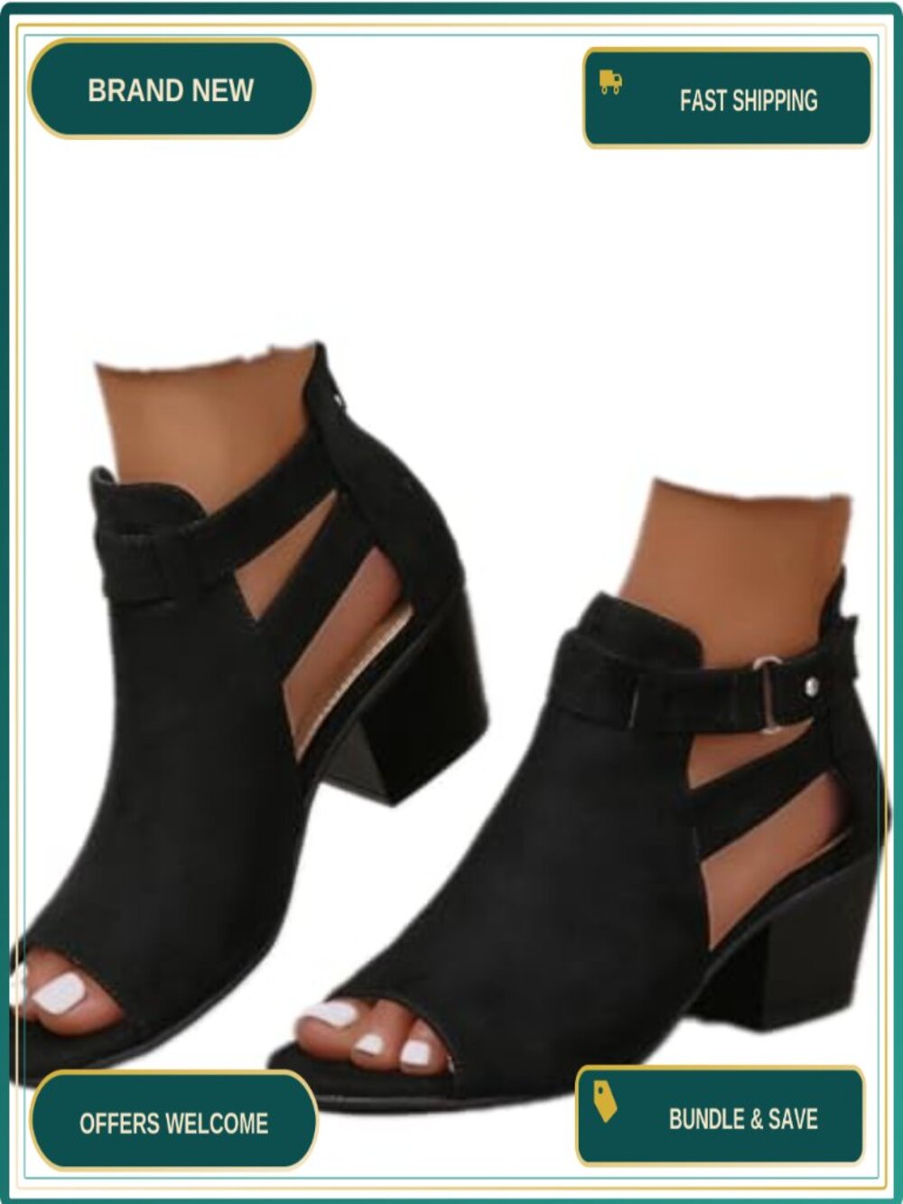 Womens Suede Peep Toe Ankle Booties Chunky Block Heel Zipper Sandals